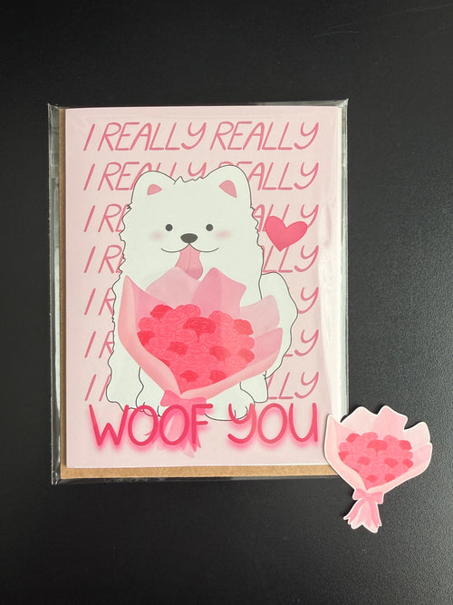 "I Really Really Woof You" Greeting Card packaged with a matching bouquet of roses sticker 