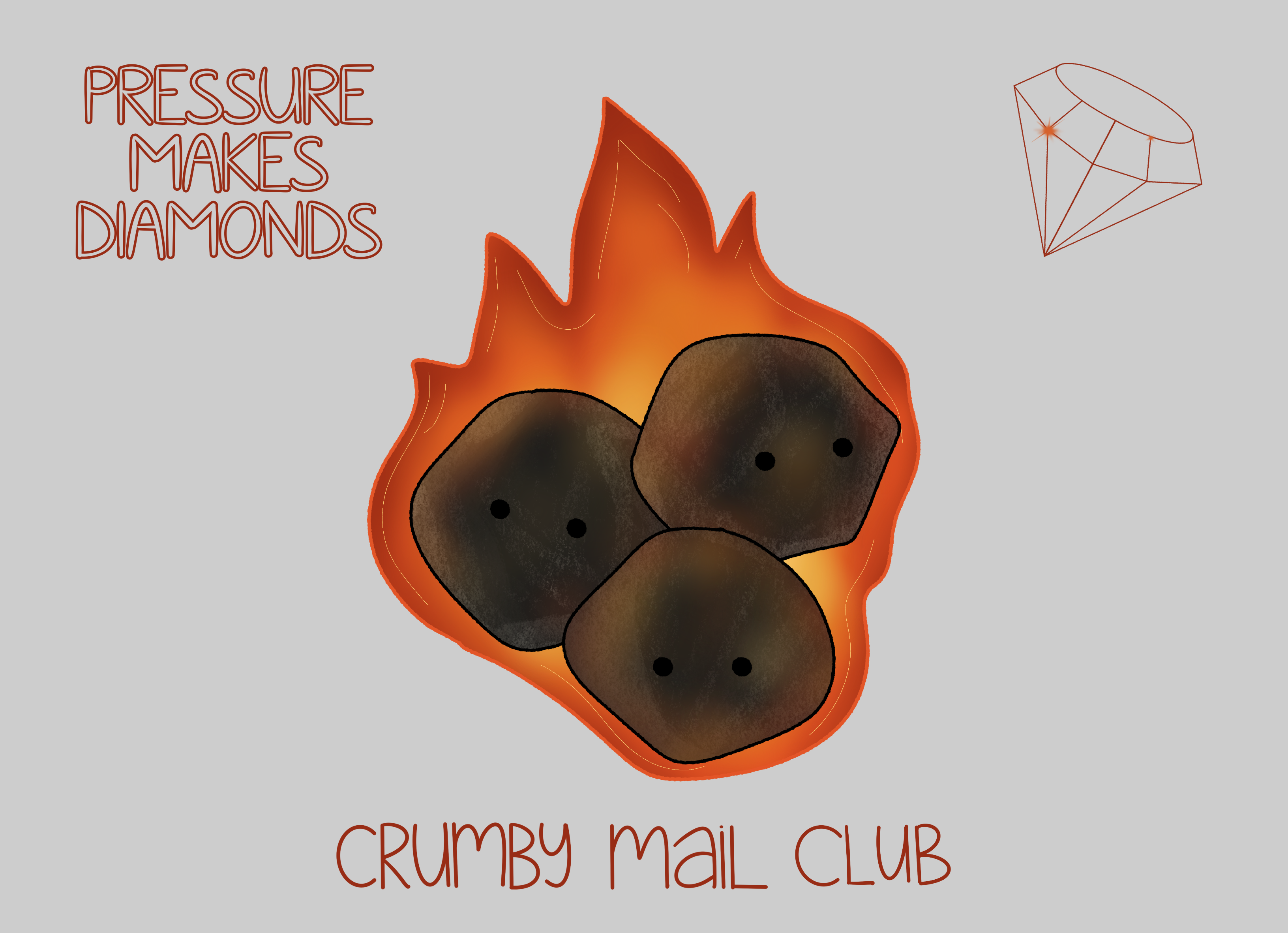 The Crumby Mail Club February 2026 Envelope featuring coals encapsulated by fire with a quote "pressure makes diamonds" and a shining diamond design. 